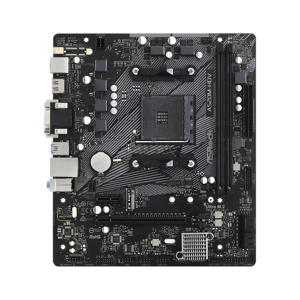 ASRock A520M-HDV Super Alloy AMD AM4 Socket Motherboard, Micro-ATX, 2x DDR4 Slots, 1x M.2 Socket, GbE LAN, 1x D-Sub / 1x DVI-D / 1x HDMI Port