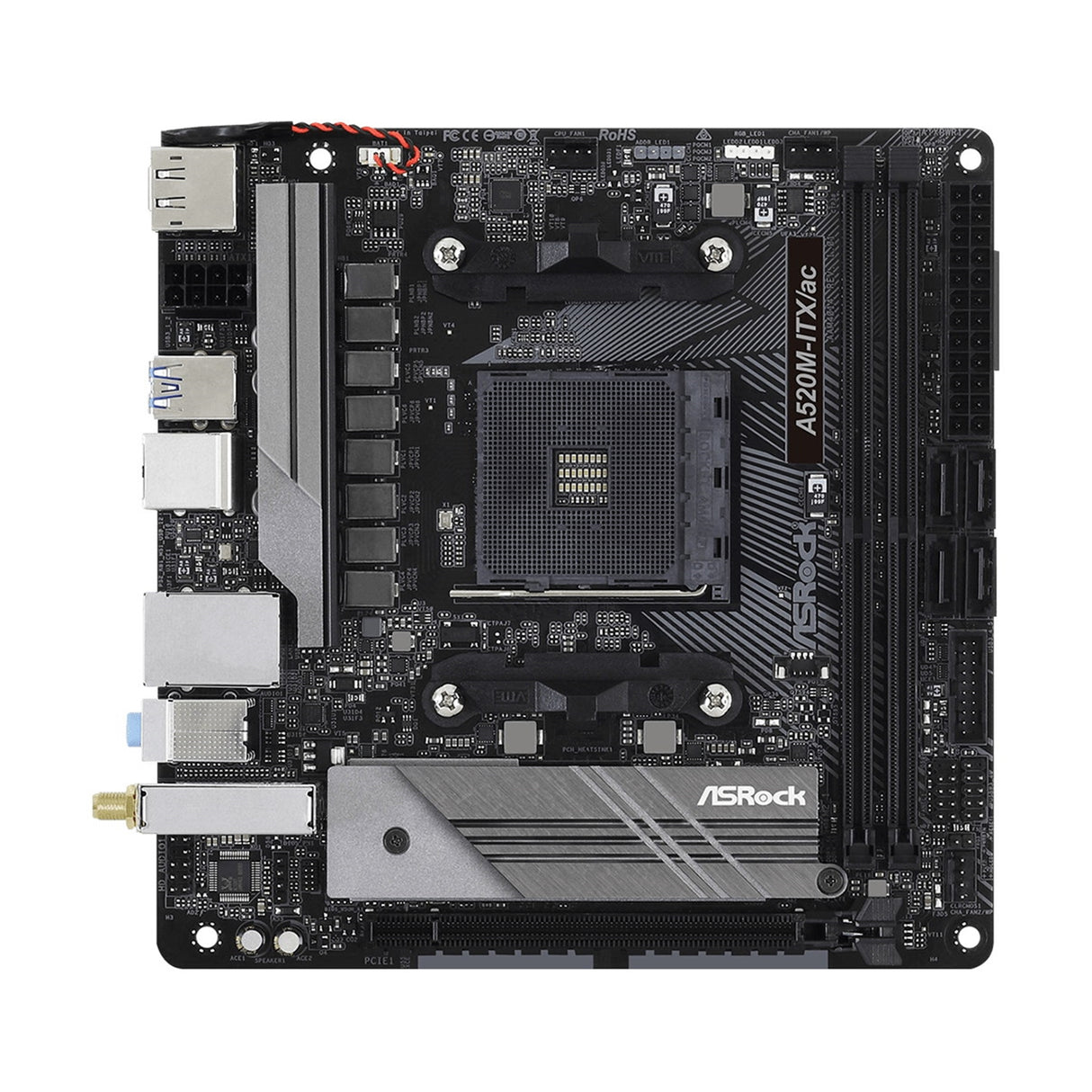 ASRock A520M-ITX/ac AMD AM4 Socket Motherboard, Mini-ITX, 2x DDR4 Slots, 1x M.2 Socket, GbE LAN, Wi-Fi 5, 1x DisplayPort / 1x HDMI Port
