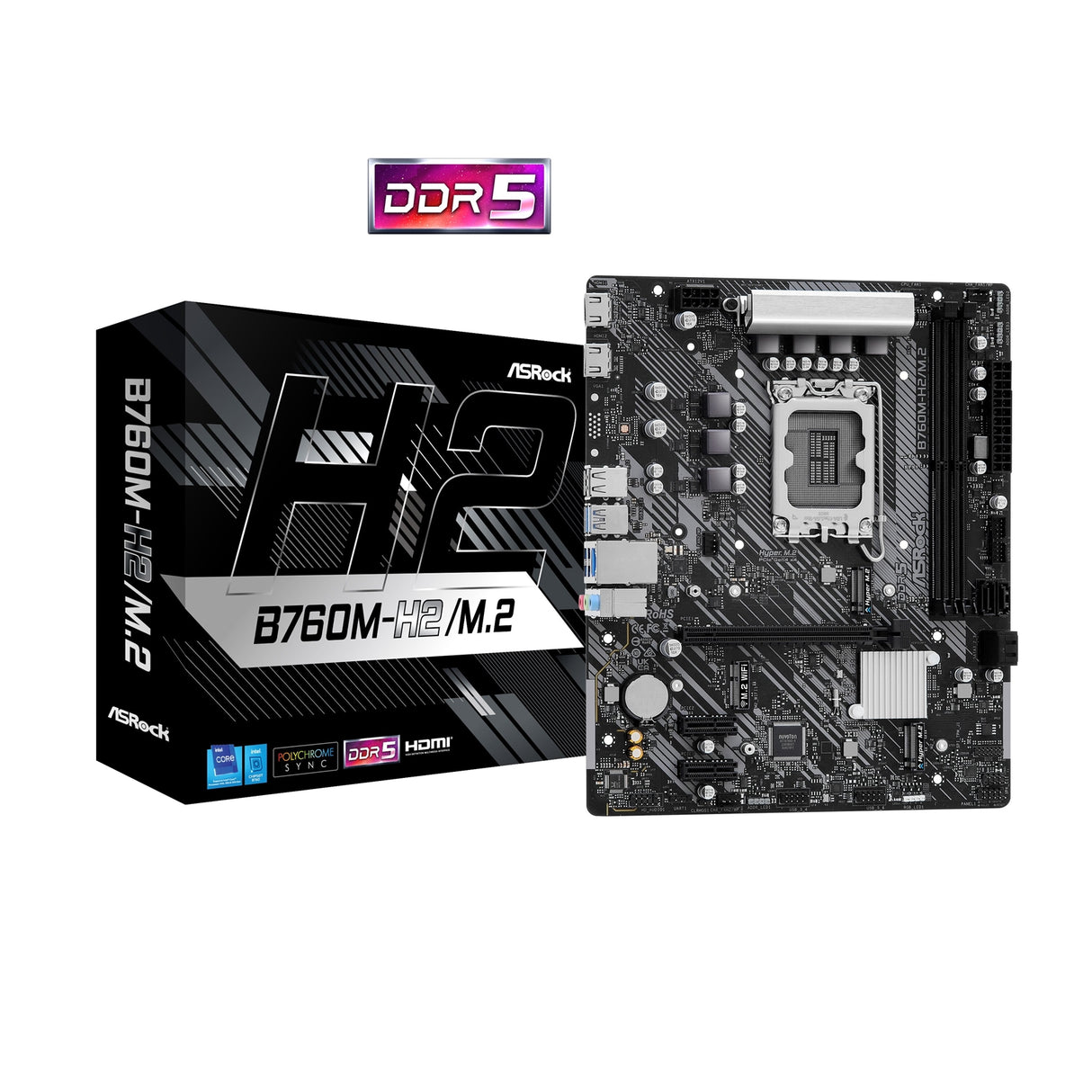 ASRock B760M-H2/M.2 Intel 1700 Socket Motherboard, Micro-ATX, 2x DDR5 Slots, 2x M.2 Socket, 2.5GbE LAN, 2x HDMI Port