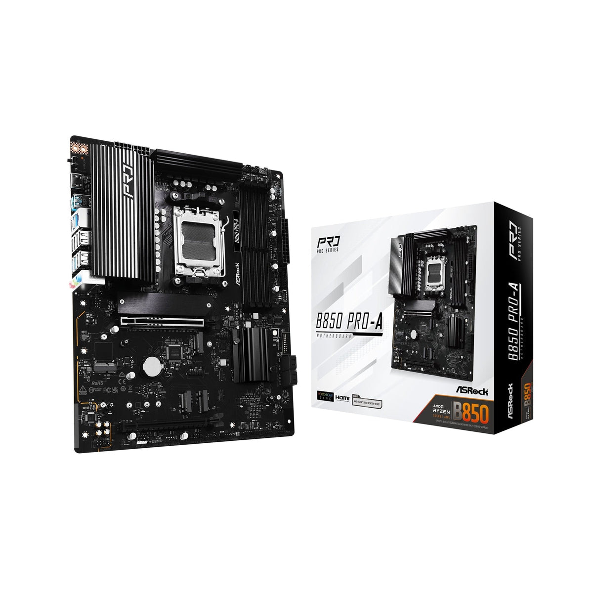 ASRock B850 Pro-A AMD AM5 Socket Motherboard, ATX, 4x DDR5 Slots, 4x M.2 Sockets, 2.5GbE LAN, 1x HDMI Port / 1x USB-C
