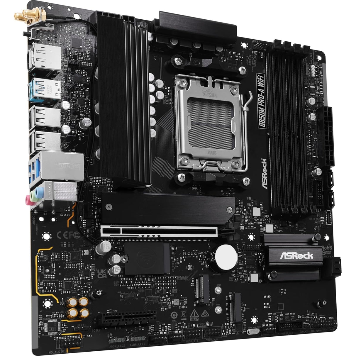 ASRock B850M Pro-A WiFi AMD AM5 Socket Motherboard, Micro-ATX, 4x DDR5 Slots, 3x M.2 Sockets, 2.5GbE LAN, Wi-Fi 6E, 1x DisplayPort / 1x HDMI Port