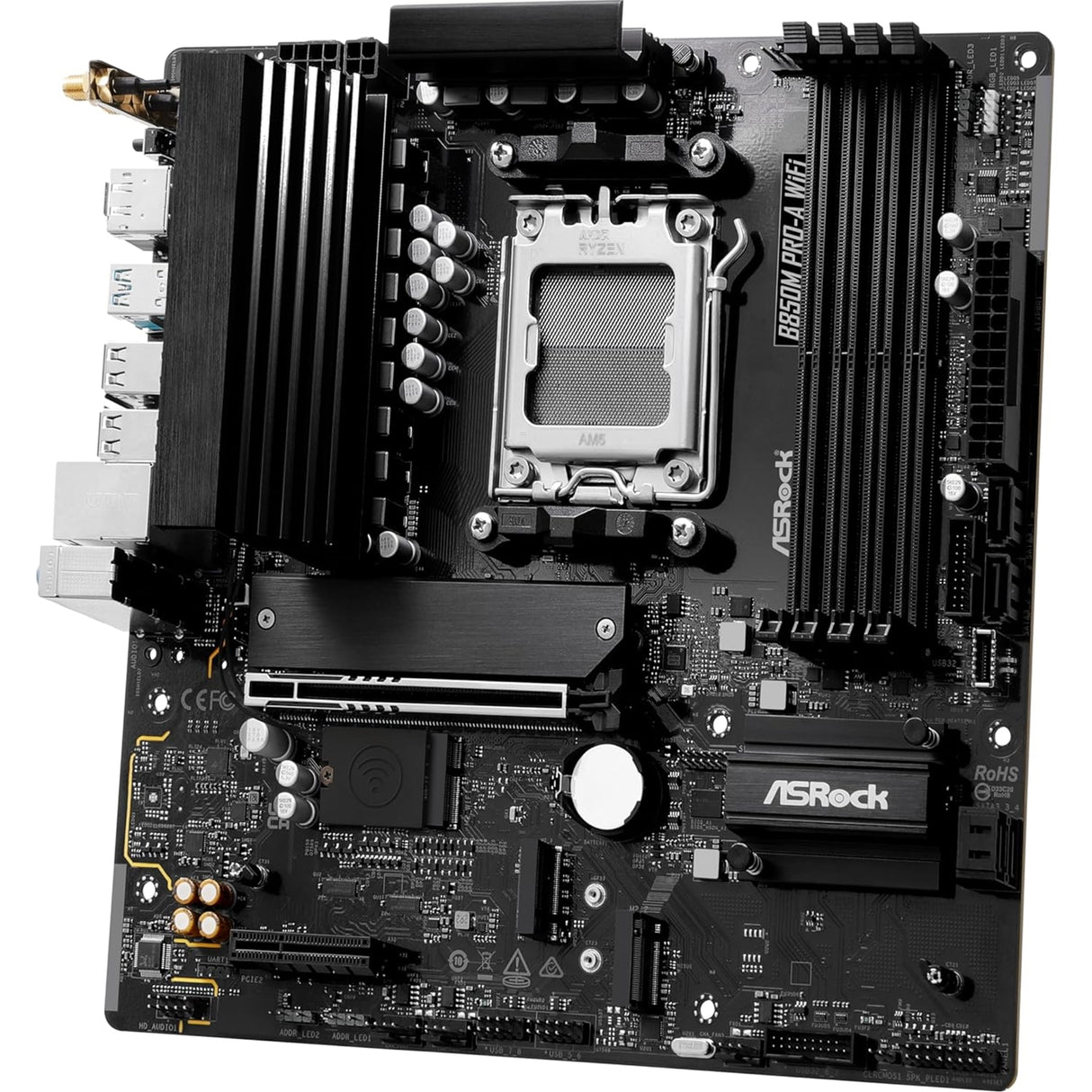 ASRock B850M Pro-A WiFi AMD AM5 Socket Motherboard, Micro-ATX, 4x DDR5 Slots, 3x M.2 Sockets, 2.5GbE LAN, Wi-Fi 6E, 1x DisplayPort / 1x HDMI Port