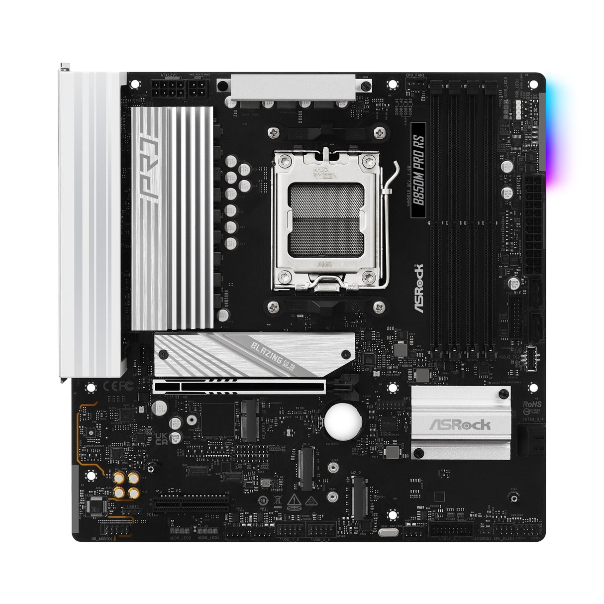 ASRock B850M Pro RS AMD AM5 Socket Motherboard, Micro-ATX, 4x DDR5 Slots, 3x M.2 Sockets, Fitted I/O Shield, 2.5GbE LAN, 1x DisplayPort / 1x HDMI Port