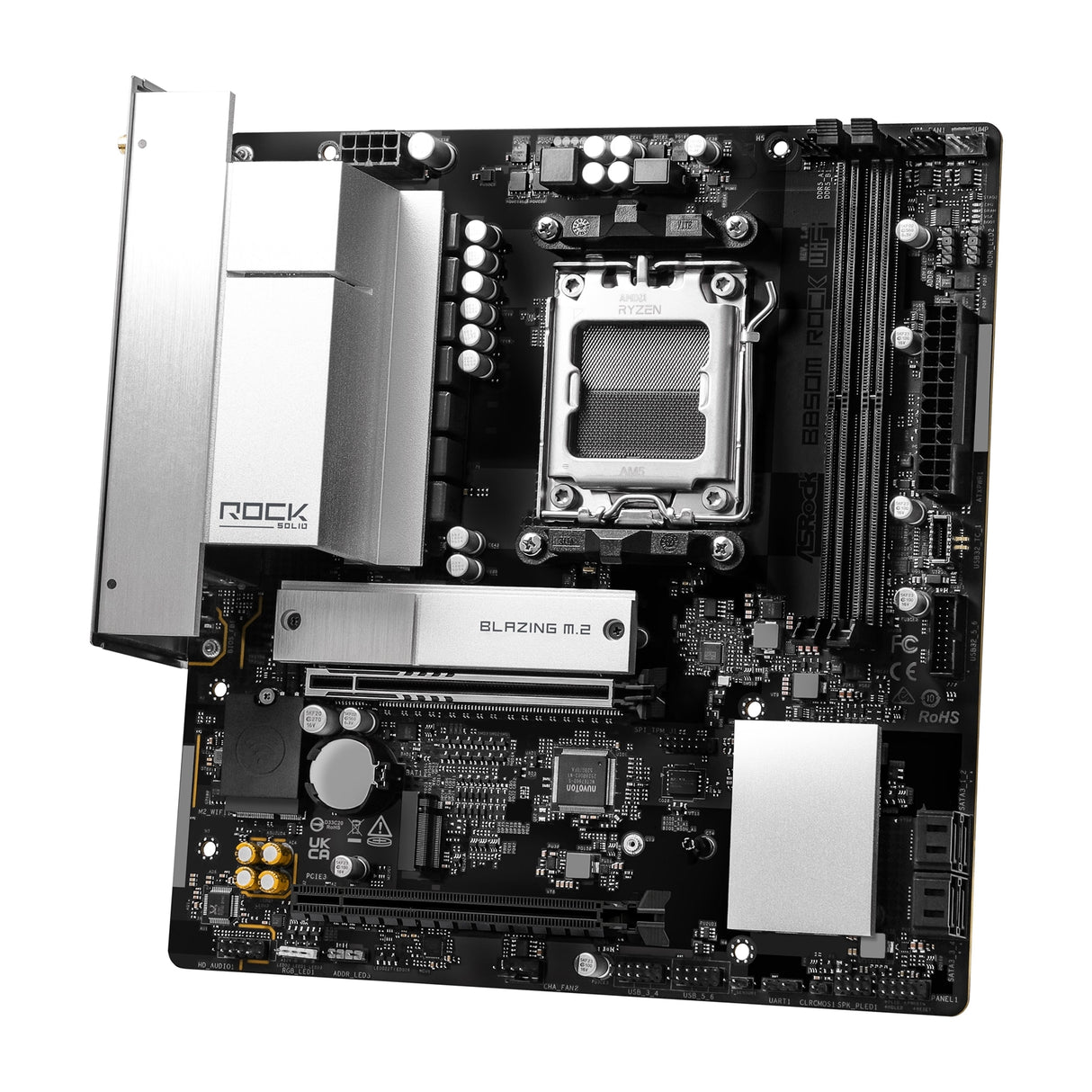 ASRock B850M Rock WiFi AMD AM5 Socket Motherboard, Micro-ATX, 2x DDR5 Slots, 2x M.2 Socket, Fitted I/O Shield, 2.5GbE LAN, Wi-Fi 6E, 1x DisplayPort / 1x HDMI Port