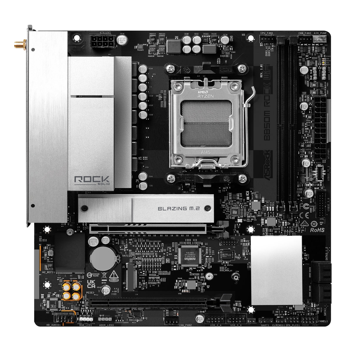 ASRock B850M Rock WiFi AMD AM5 Socket Motherboard, Micro-ATX, 2x DDR5 Slots, 2x M.2 Socket, Fitted I/O Shield, 2.5GbE LAN, Wi-Fi 6E, 1x DisplayPort / 1x HDMI Port