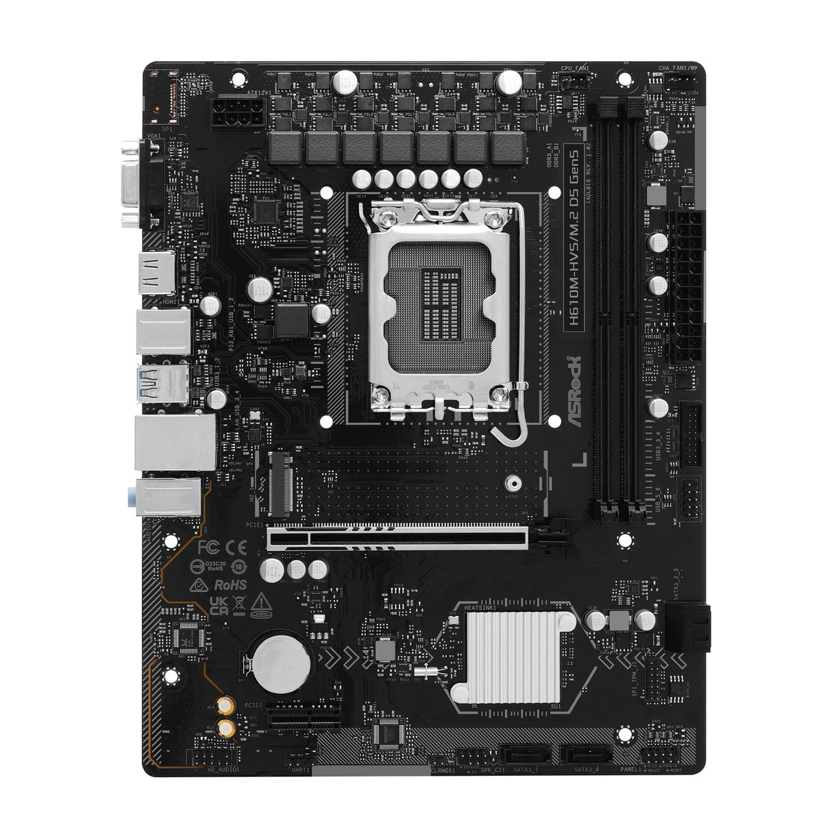 ASRock H610M-HVS/M.2 D5 GEN5 Intel 1700 Socket Motherboard, Micro-ATX, 2x DDR5 Slots, 1x M.2 Socket, GbE LAN, 1x D-Sub / 1x HDMI Port