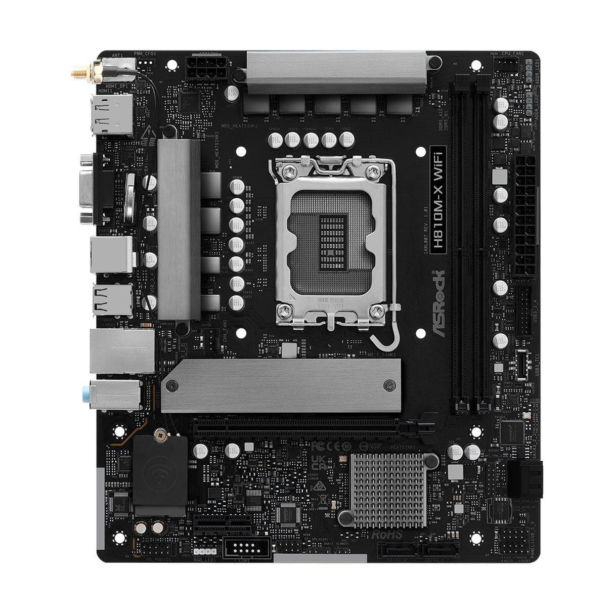 ASRock H810M-X WIFI Intel Socket 1851 Motherboard, 2x DDR5 DIMM Slots, 1x M.2 Socket, 2.5G LAN, WiFi 5, 1x HDMI Port / 1x DisplayPort