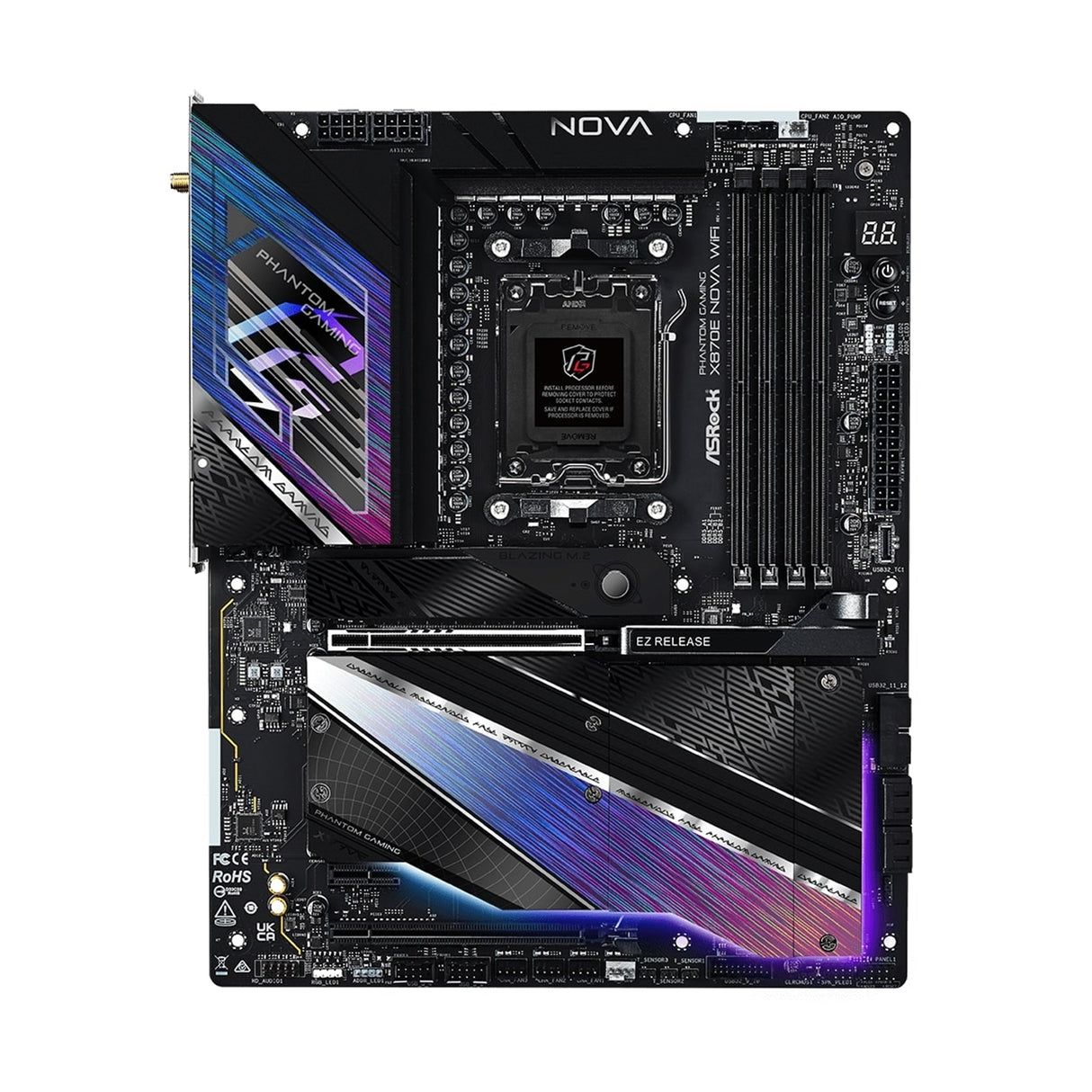 ASRock X870E NOVA WIFI PHANTOM GAMING AMD AM5 Socket Motherboard, ATX, 4x DDR5 Slots, 5x M.2 Sockets, Fitted I/O Shield, 5GbE LAN, Wi-Fi 7, 1x HDMI Port / 2x USB-C (USB4)