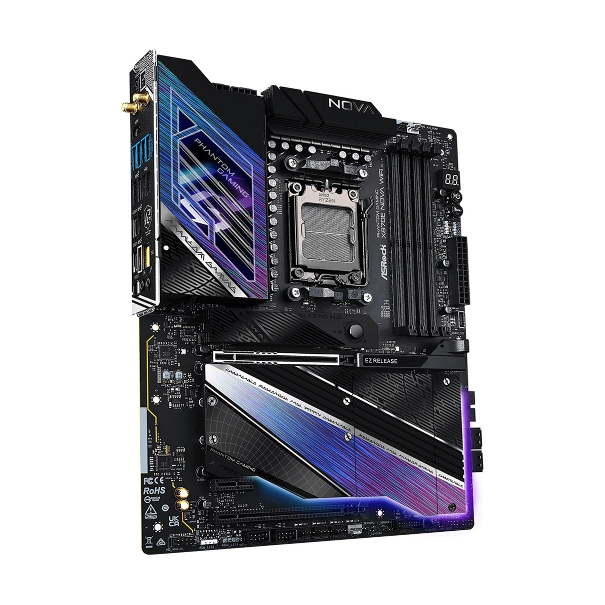 ASRock X870E NOVA WIFI PHANTOM GAMING AMD AM5 Socket Motherboard, ATX, 4x DDR5 Slots, 5x M.2 Sockets, Fitted I/O Shield, 5GbE LAN, Wi-Fi 7, 1x HDMI Port / 2x USB-C (USB4)