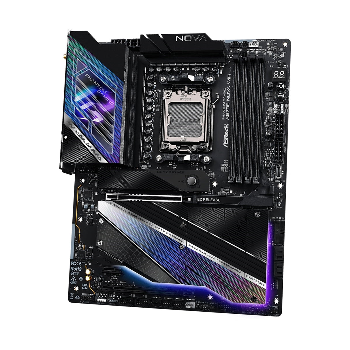 ASRock X870E NOVA WIFI PHANTOM GAMING AMD AM5 Socket Motherboard, ATX, 4x DDR5 Slots, 5x M.2 Sockets, Fitted I/O Shield, 5GbE LAN, Wi-Fi 7, 1x HDMI Port / 2x USB-C (USB4)