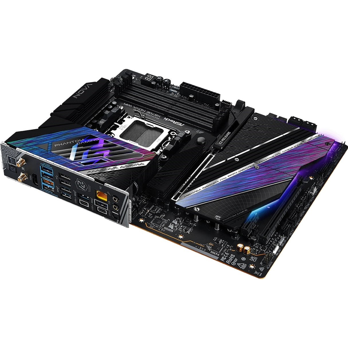 ASRock X870E NOVA WIFI PHANTOM GAMING AMD AM5 Socket Motherboard, ATX, 4x DDR5 Slots, 5x M.2 Sockets, Fitted I/O Shield, 5GbE LAN, Wi-Fi 7, 1x HDMI Port / 2x USB-C (USB4)