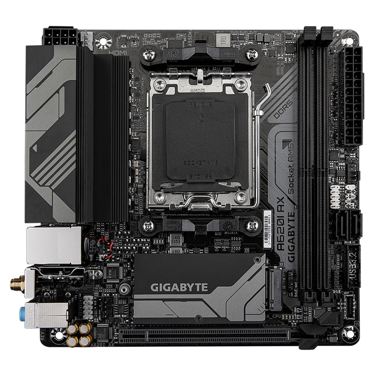 Gigabyte A620I AX (rev. 1.0) AMD AM5 Socket Motherboard, Mini-ITX, 2x DDR5 Slots, 1x M.2 Socket, 2.5GbE LAN, Wi-Fi 6E, 1 x DisplayPort / 1x HDMI Port