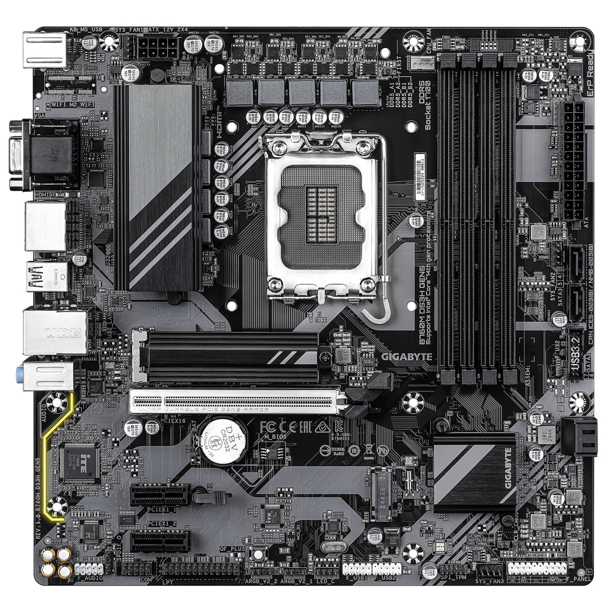 Gigabyte B760M DS3H GEN5 Intel Socket 1700 Motherboard, Micro ATX, 4x DDR5 Slots, 2x M.2 Sockets, 2.5GbE LAN, 1x D-Sub / 1x DisplayPort / 1x HDMI Port
