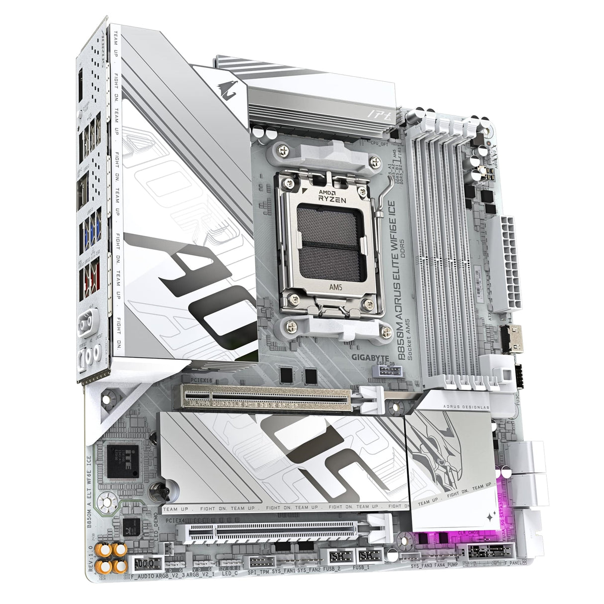 Gigabyte B850M AORUS ELITE WIFI6E ICE AMD AM5 Socket Motherboard, Micro-ATX, 4x DDR5 Slots, 2x M.2 Sockets, Fitted I/O Shield, 2.5GbE LAN, Wi-Fi 6E, 1x DisplayPort / 1x HDMI Port