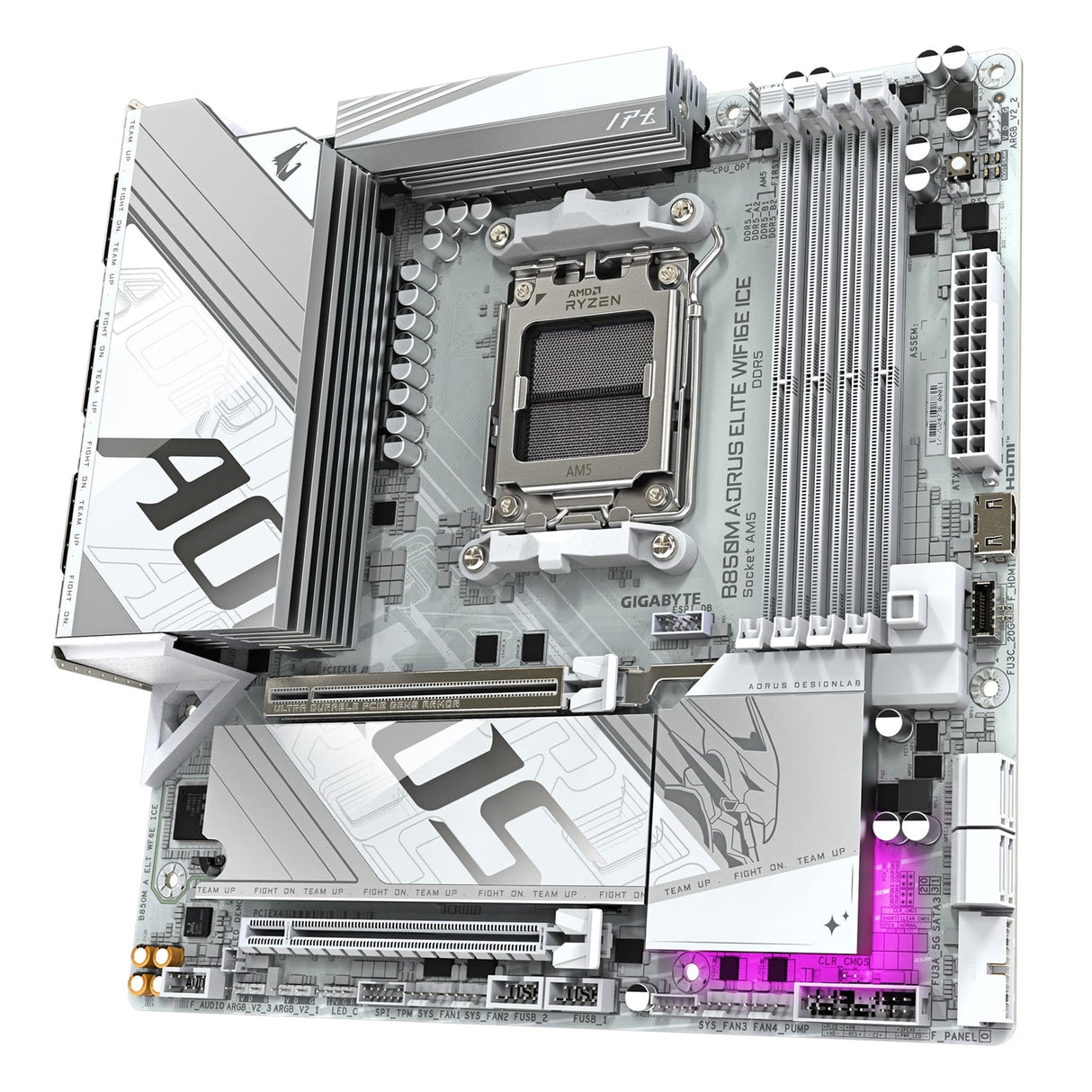Gigabyte B850M AORUS ELITE WIFI6E ICE AMD AM5 Socket Motherboard, Micro-ATX, 4x DDR5 Slots, 2x M.2 Sockets, Fitted I/O Shield, 2.5GbE LAN, Wi-Fi 6E, 1x DisplayPort / 1x HDMI Port