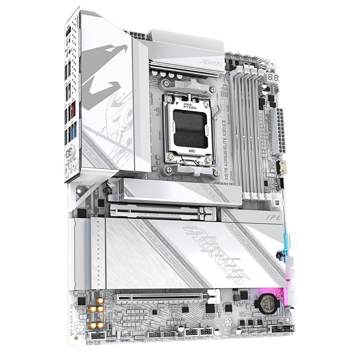 Gigabyte X870 AORUS ELITE X3D ICE AMD AM5 Socket Motherboard, ATX, 4x DDR5 Slots, 4x M.2 Socket, 5GbE LAN, WiFi 7, 1x HDMI Port / 2x USB-C (USB4)
