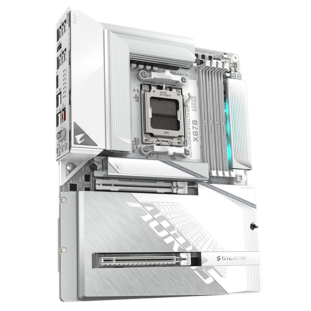 Gigabyte X870 AORUS STEALTH ICE AMD AM5 Socket Motherboard, ATX, 4x DDR5 Slots, 4x M.2 Socket, 5GbE LAN, WiFi 7, 1x HDMI Port / 2x USB-C (USB4)