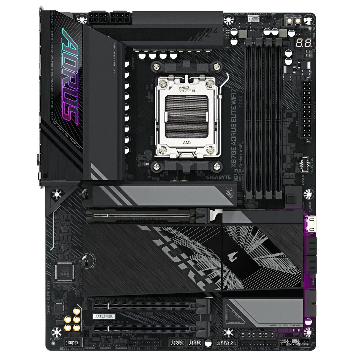Gigabyte X870E AORUS ELITE WIFI7 AMD AM5 Socket Motherboard, ATX, 4x DDR5 Slots, 4x M.2 Sockets, Fitted I/O Shield, 2.5GbE LAN, Wi-Fi 7, 1x HDMI Port / 2x USB-C (USB4)