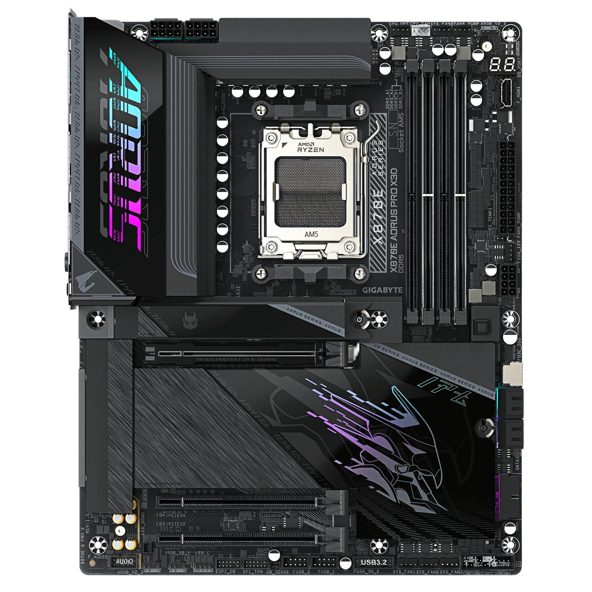 Gigabyte X870E AORUS PRO X3D AMD AM5 Socket Motherboard, ATX, 4x DDR5 Slots, 4x M.2 Sockets, Fitted I/O Shield, 5GbE LAN, Wi-Fi 7, 1x HDMI Port / 2x USB-C (USB4)