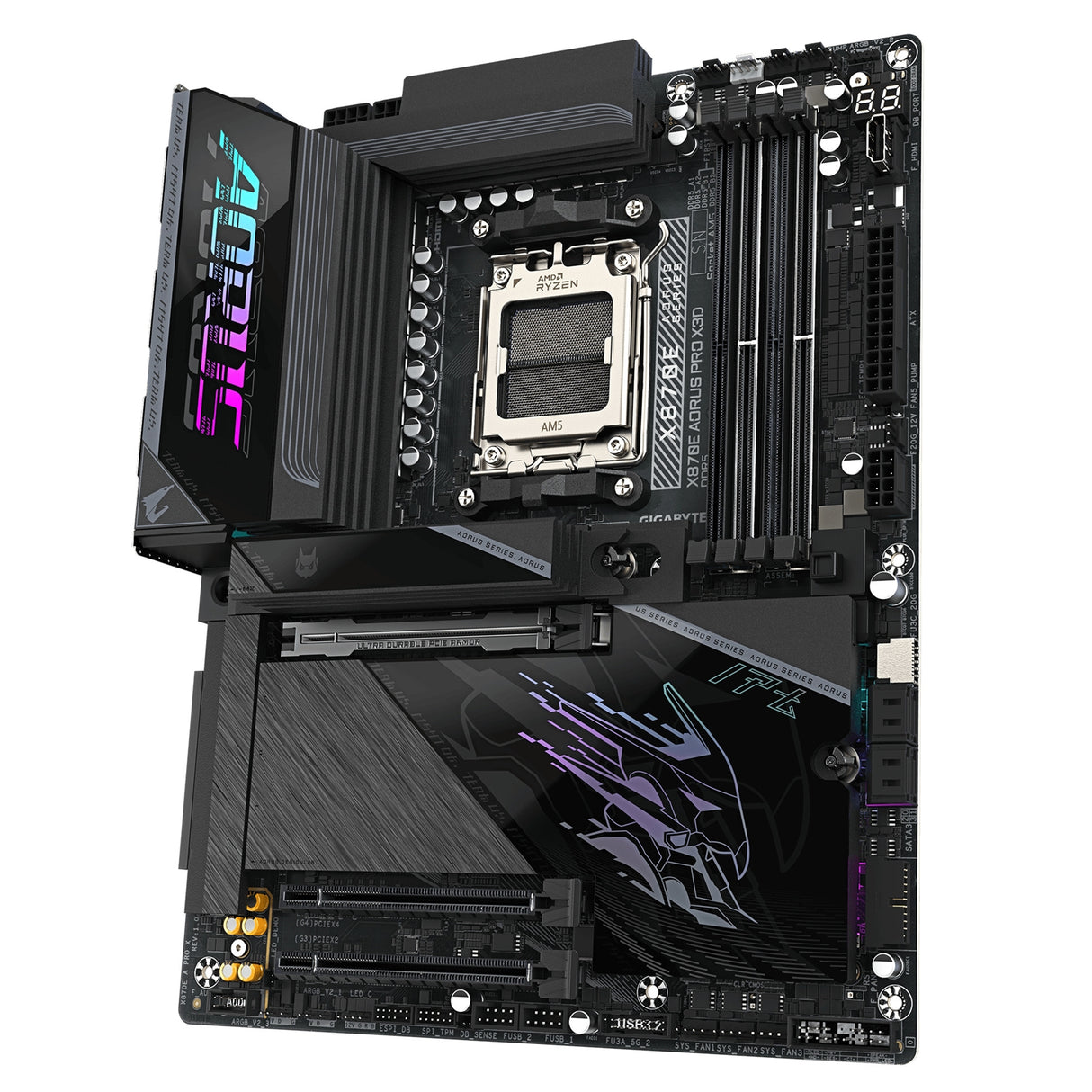 Gigabyte X870E AORUS PRO X3D AMD AM5 Socket Motherboard, ATX, 4x DDR5 Slots, 4x M.2 Sockets, Fitted I/O Shield, 5GbE LAN, Wi-Fi 7, 1x HDMI Port / 2x USB-C (USB4)