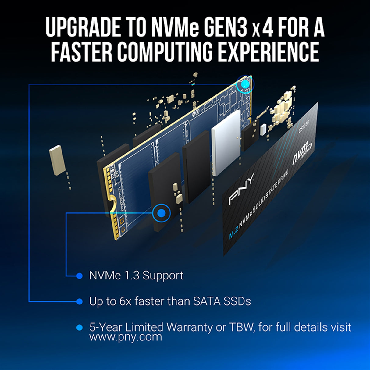 PNY CS1030 (M280CS1030-250-RB) 250GB SSD, PCIe Gen3 x4 Interface,Max Read 2500MB/s, MaxWrite 1100MB/s, 5 Year Limited Warranty
