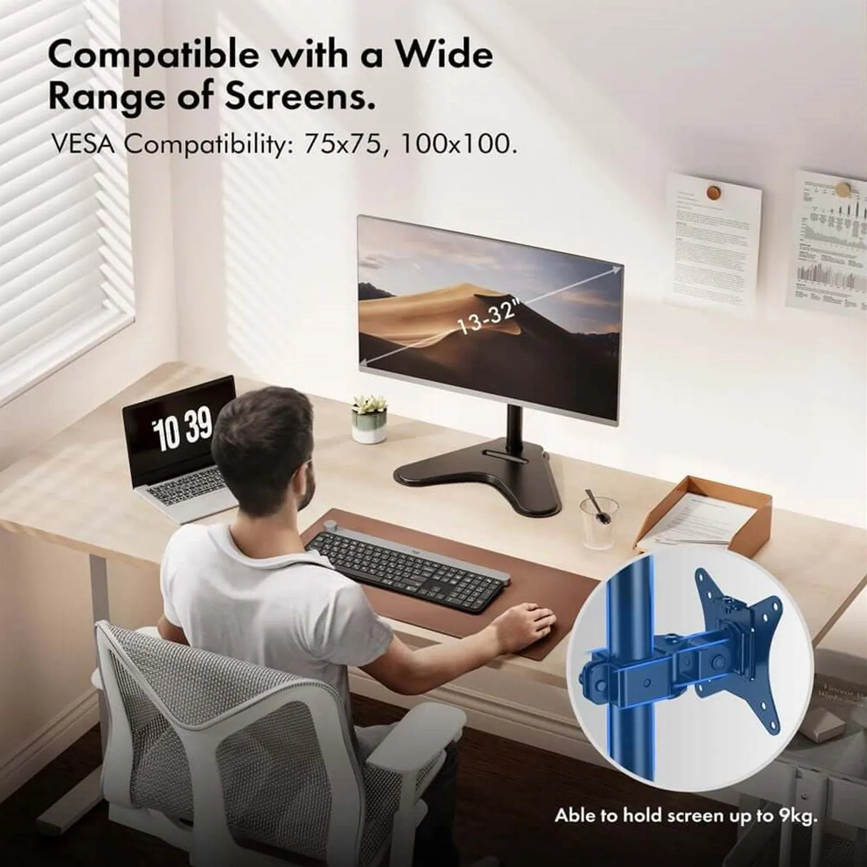 VonHaus Single Monitor Mount and Stand for 13-32 Inch Screens, VESA dimensions 75x75mm and 100x100mm