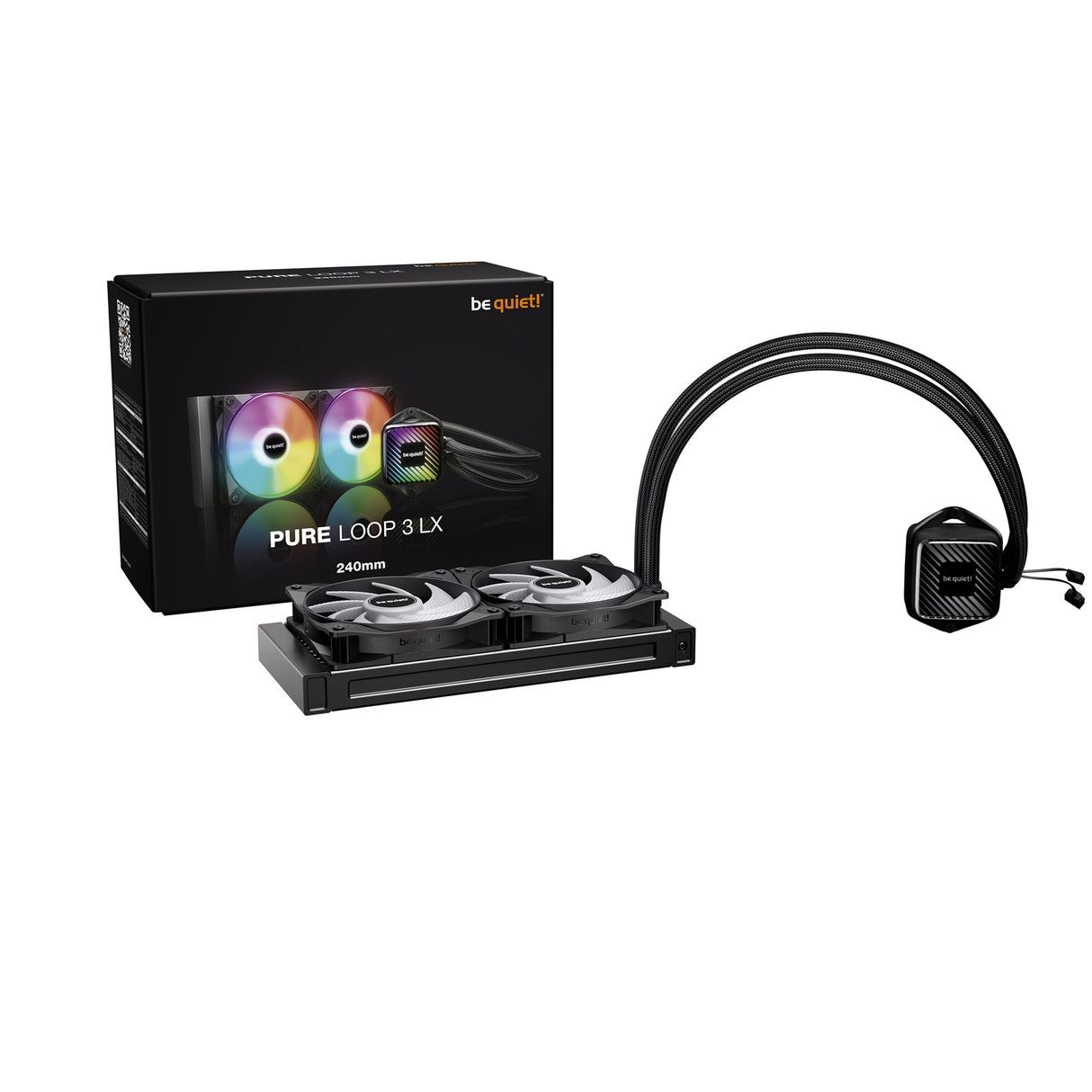 be quiet! Pure Loop 3 LX Liquid CPU Cooler, Universal Socket, 240mm Radiator, 2 x Light Wings LX PWM High Speed, Stylish ARGB cooling block featuring 10 included lighting foils, 3-year manufacurer's warranty.