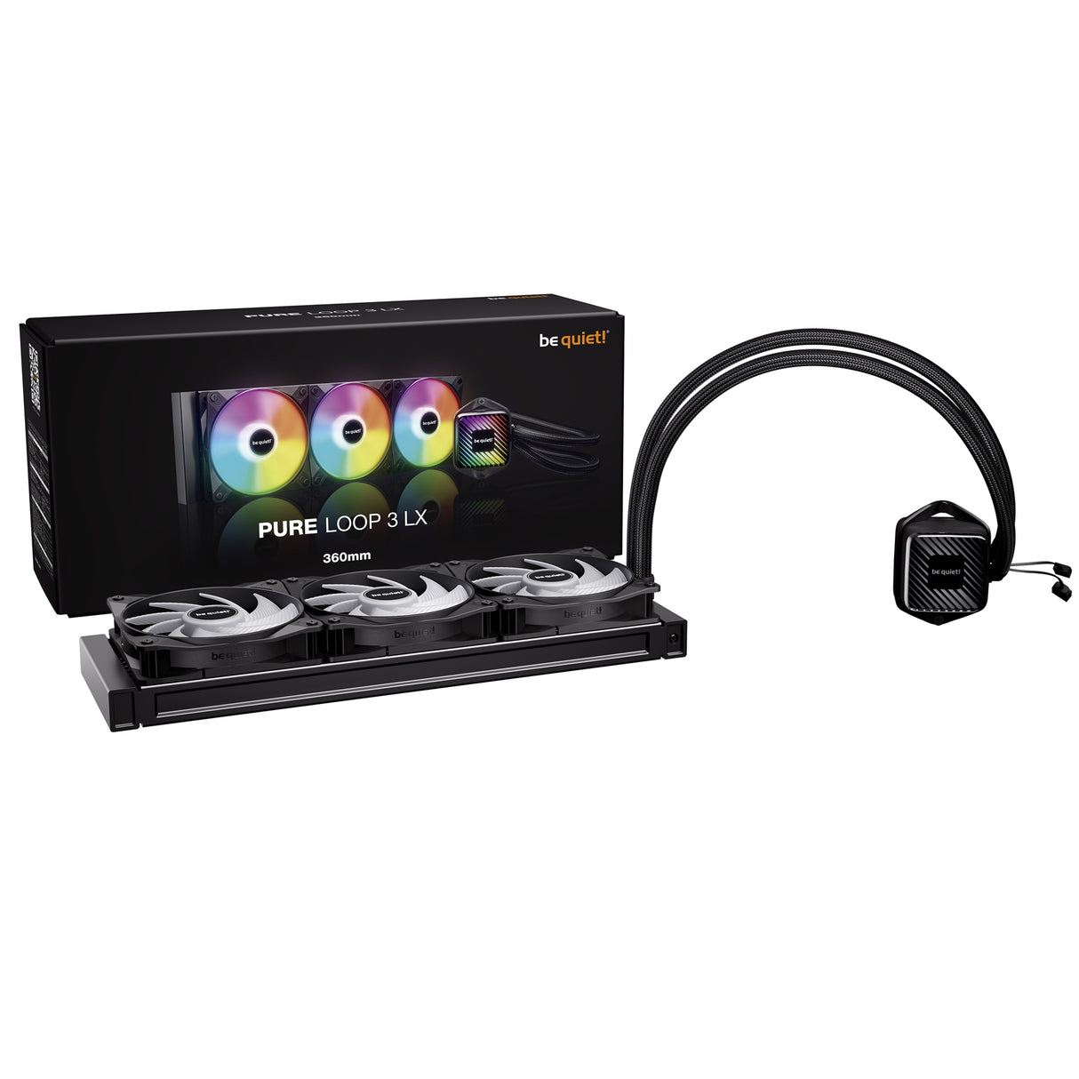 be quiet! Pure Loop 3 LX Liquid CPU Cooler, Universal Socket, 360mm Radiator, 3 x Light Wings LX PWM High Speed, Stylish ARGB cooling block featuring 10 included lighting foils, 3-year manufacurer's warranty.
