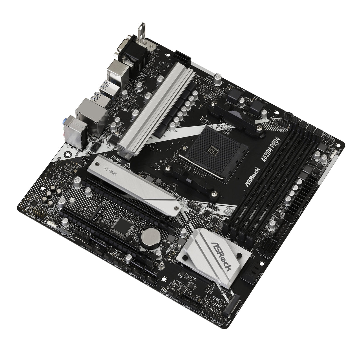 ASRock A520M PRO4 Super Alloy AMD AM4 Socket Motherboard, Micro-ATX, 4x DDR4 Slots, 1x M.2 Socket, GbE LAN, 1x D-Sub / 1x DisplayPort / 1x HDMI Port