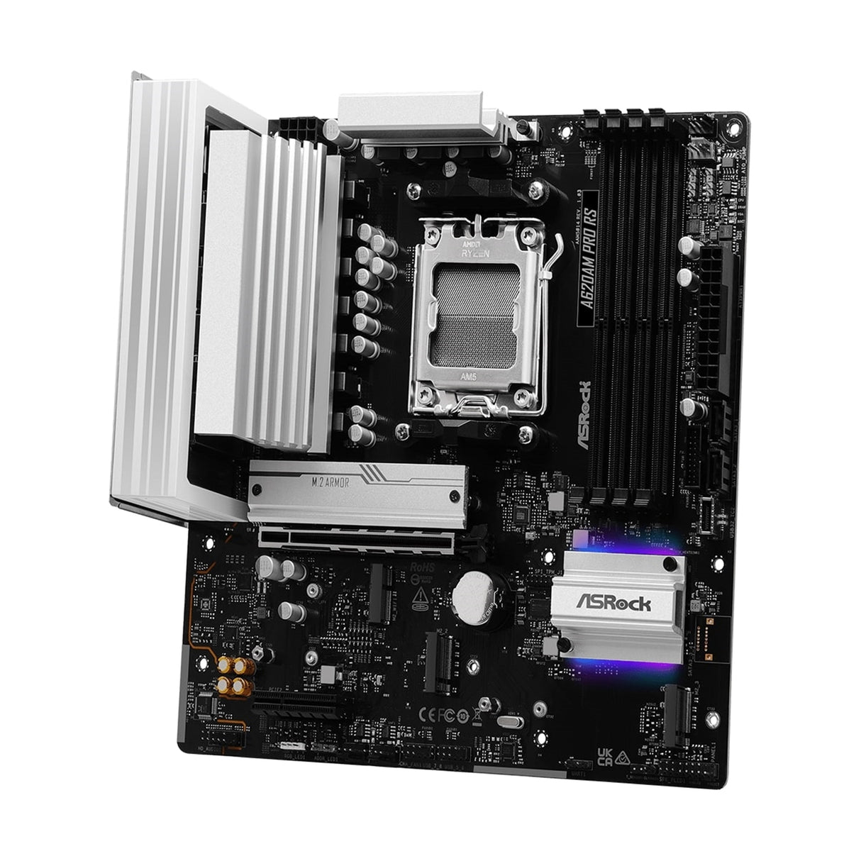 ASRock A620AM PRO RS AMD Socket AM5 Motherboard, 4x DDR5 Slots, 3x M.2 Socket, 2.5GbE LAN, 1x HDMI Port/ 1x DisplayPort