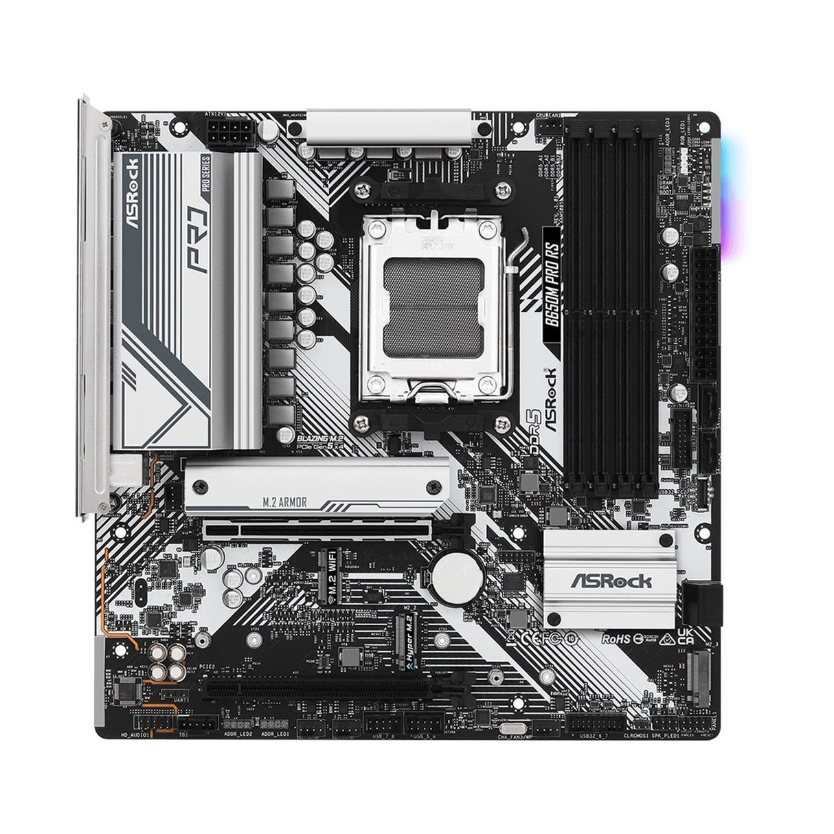 ASRock B650M Pro RS AMD AM5 Socket Motherboard, Micro-ATX, 4x DDR5 Slots, 3x M.2 Sockets, Fitted I/O Shield, 2.5GbE LAN, 1x DisplayPort / 1x HDMI Port