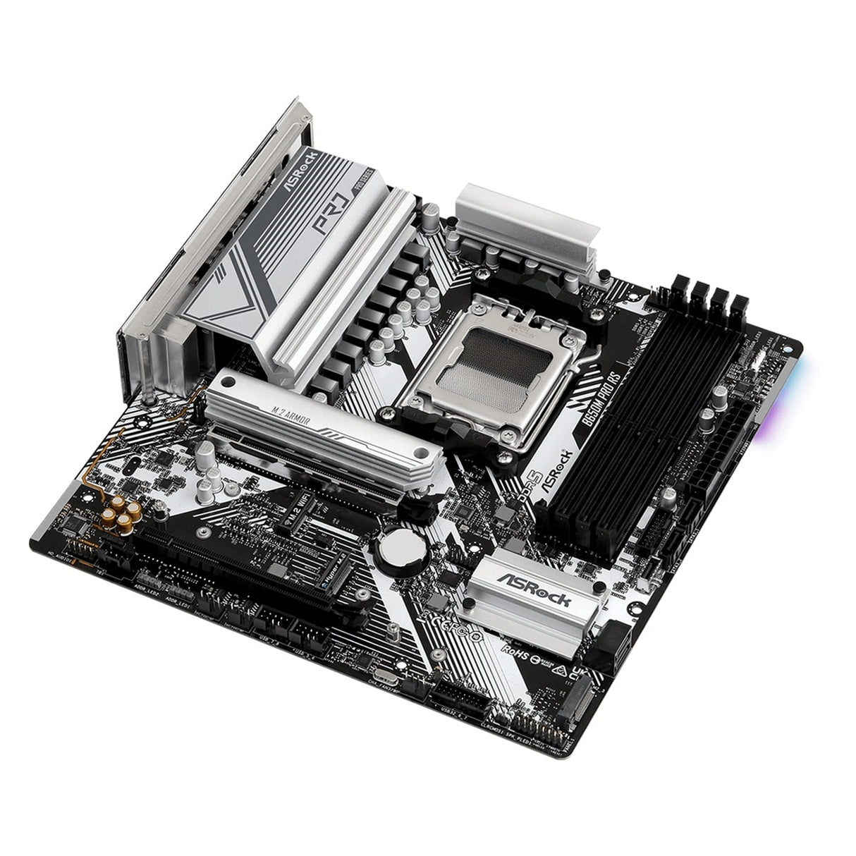 ASRock B650M Pro RS AMD AM5 Socket Motherboard, Micro-ATX, 4x DDR5 Slots, 3x M.2 Sockets, Fitted I/O Shield, 2.5GbE LAN, 1x DisplayPort / 1x HDMI Port