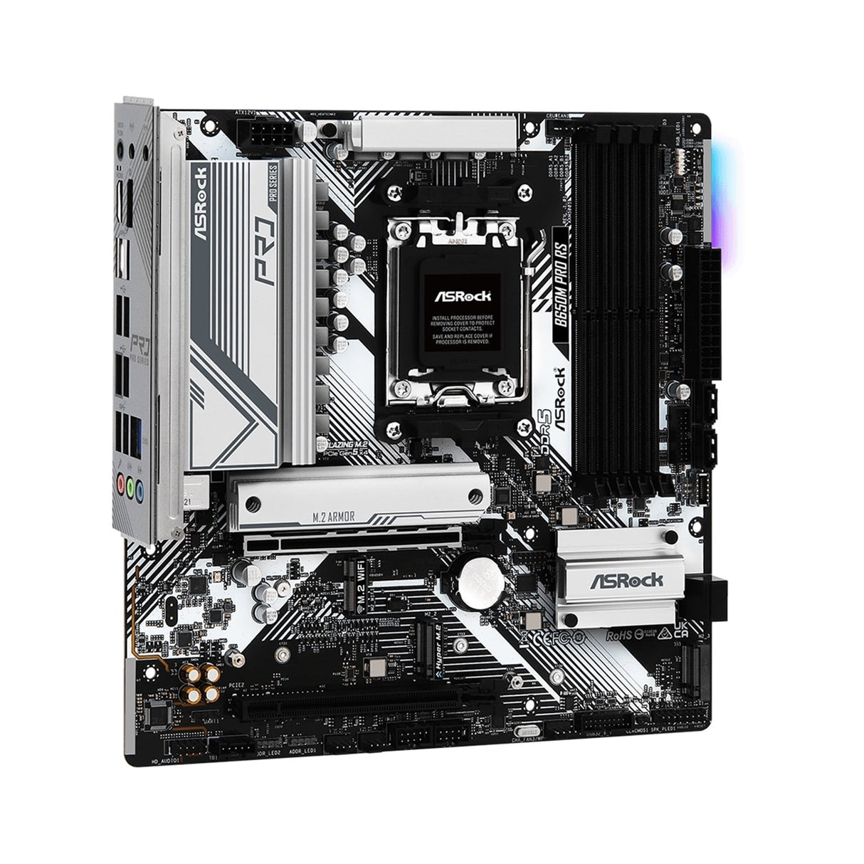 ASRock B650M Pro RS AMD AM5 Socket Motherboard, Micro-ATX, 4x DDR5 Slots, 3x M.2 Sockets, Fitted I/O Shield, 2.5GbE LAN, 1x DisplayPort / 1x HDMI Port
