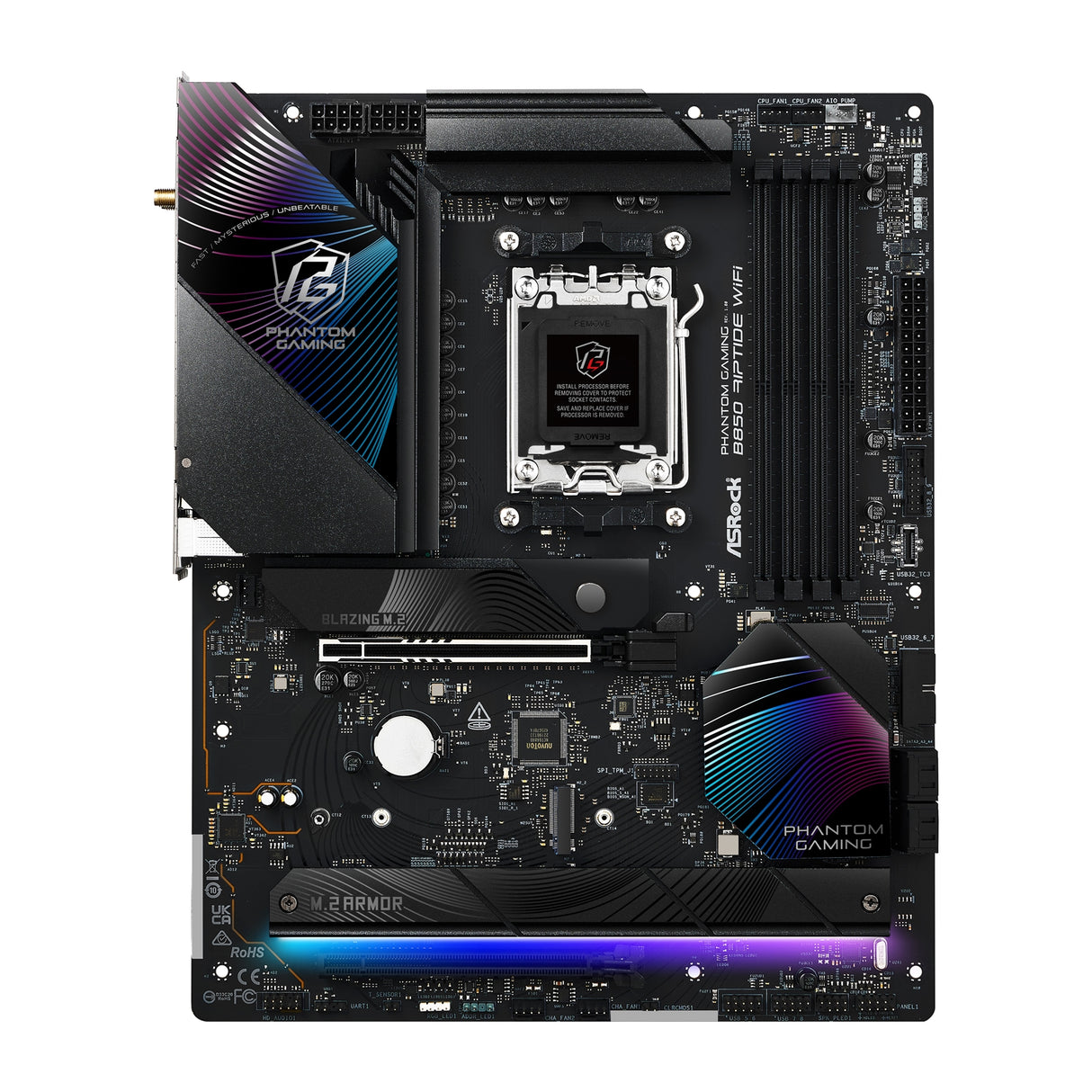 ASRock B850 Riptide WiFi PHANTOM GAMING AMD AM5 Socket Motherboard, ATX, 4x DDR5 Slots, 4x M.2 Sockets, Fitted I/O Shield, 2.5GbE LAN, Wi-Fi 7, 1x HDMI Port