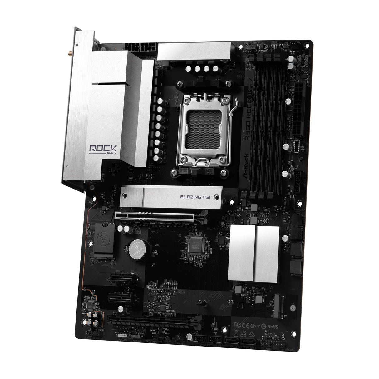 ASRock B850 Rock WiFi 7 AMD AM5 Socket Motherboard, ATX, 4x DDR5 Slots, 2x M.2 Socket, Fitted I/O Shield, 2.5GbE LAN, Wi-Fi 7, 1x HDMI Port
