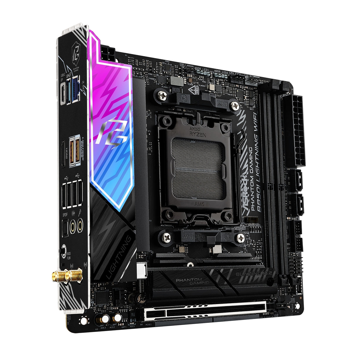 ASRock B850I Lightning WiFi PHANTOM GAMING AMD AM5 Socket Motherboard, Mini-ITX, 2x DDR5 Slots, 2x M.2 Sockets, Fitted I/O Shield, 2.5GbE LAN, Wi-Fi 6E, 1x HDMI Port / 1x USB-C