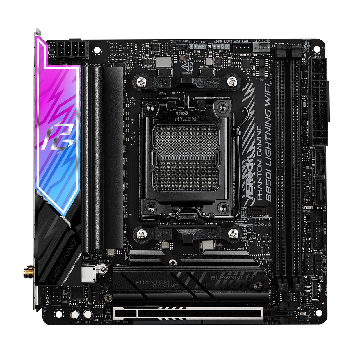 ASRock B850I Lightning WiFi PHANTOM GAMING AMD AM5 Socket Motherboard, Mini-ITX, 2x DDR5 Slots, 2x M.2 Sockets, Fitted I/O Shield, 2.5GbE LAN, Wi-Fi 6E, 1x HDMI Port / 1x USB-C
