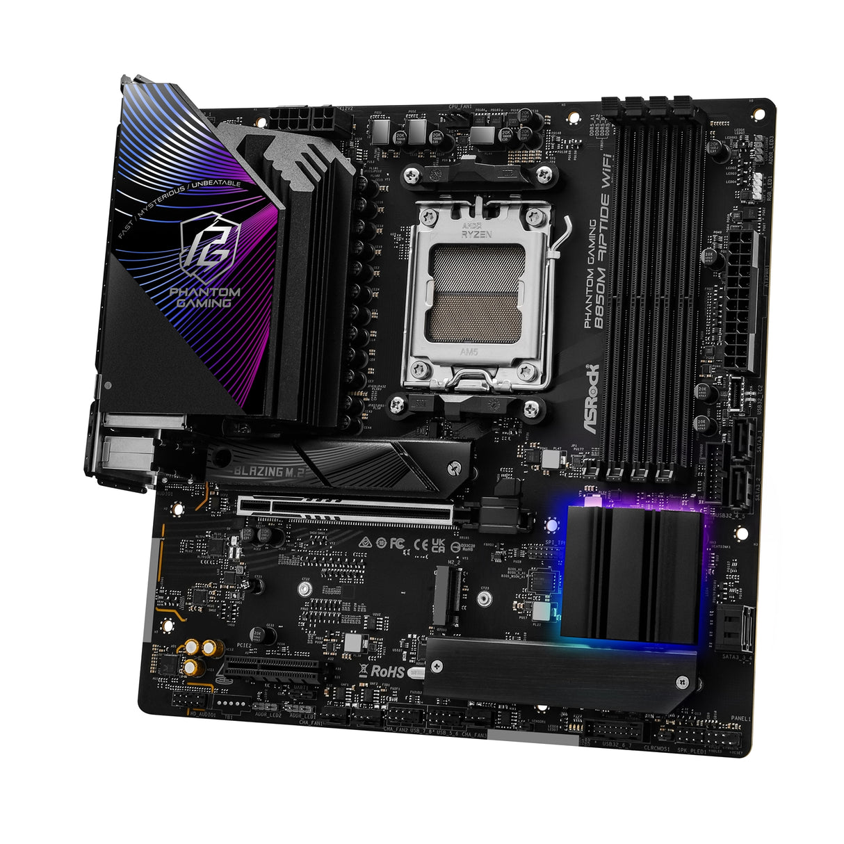 ASRock B850M Riptide WiFi AMD AM5 Socket Motherboard, Micro-ATX, 4x DDR5 Slots, 3x M.2 Sockets, Fitted I/O Shield, 2.5GbE LAN, Wi-Fi 7, 1x DisplayPort / 1x HDMI Port