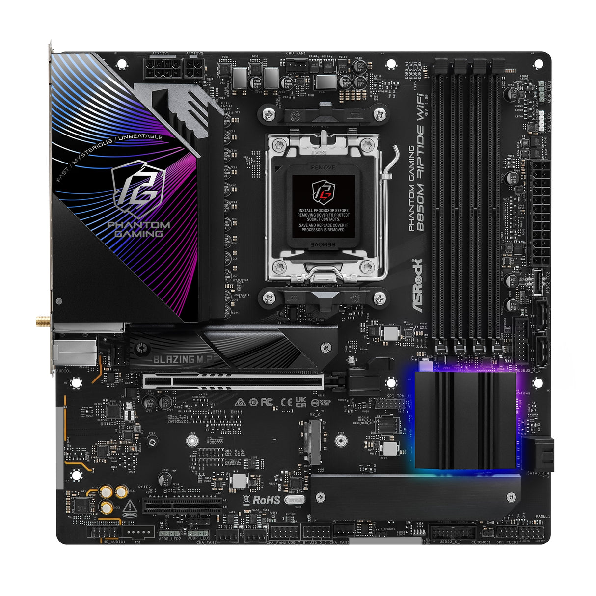ASRock B850M Riptide WiFi AMD AM5 Socket Motherboard, Micro-ATX, 4x DDR5 Slots, 3x M.2 Sockets, Fitted I/O Shield, 2.5GbE LAN, Wi-Fi 7, 1x DisplayPort / 1x HDMI Port