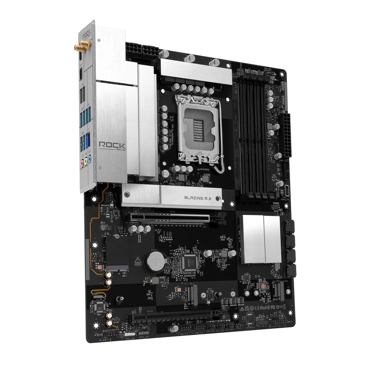 ASRock B860 Rock WiFi 7 Intel 1851 Socket Motherboard, ATX, 4x DDR5 Slots, 3x M.2 Socket, Fitted I/O Shield, 2.5GbE LAN, Wi-Fi 7, 1x HDMI Port