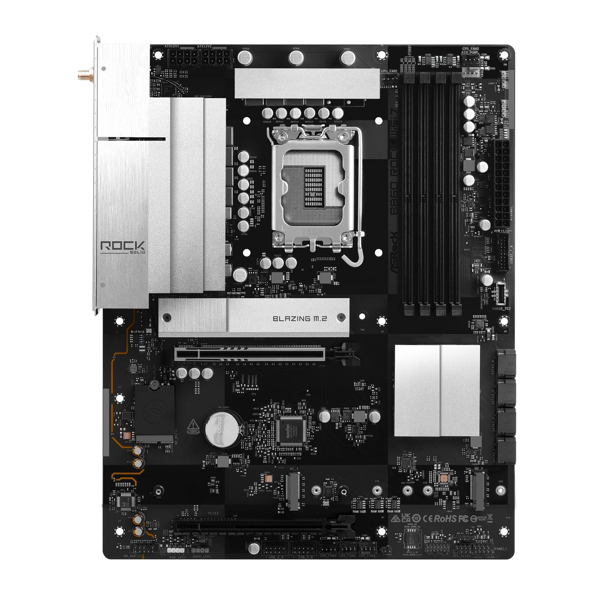 ASRock B860 Rock WiFi 7 Intel 1851 Socket Motherboard, ATX, 4x DDR5 Slots, 3x M.2 Socket, Fitted I/O Shield, 2.5GbE LAN, Wi-Fi 7, 1x HDMI Port