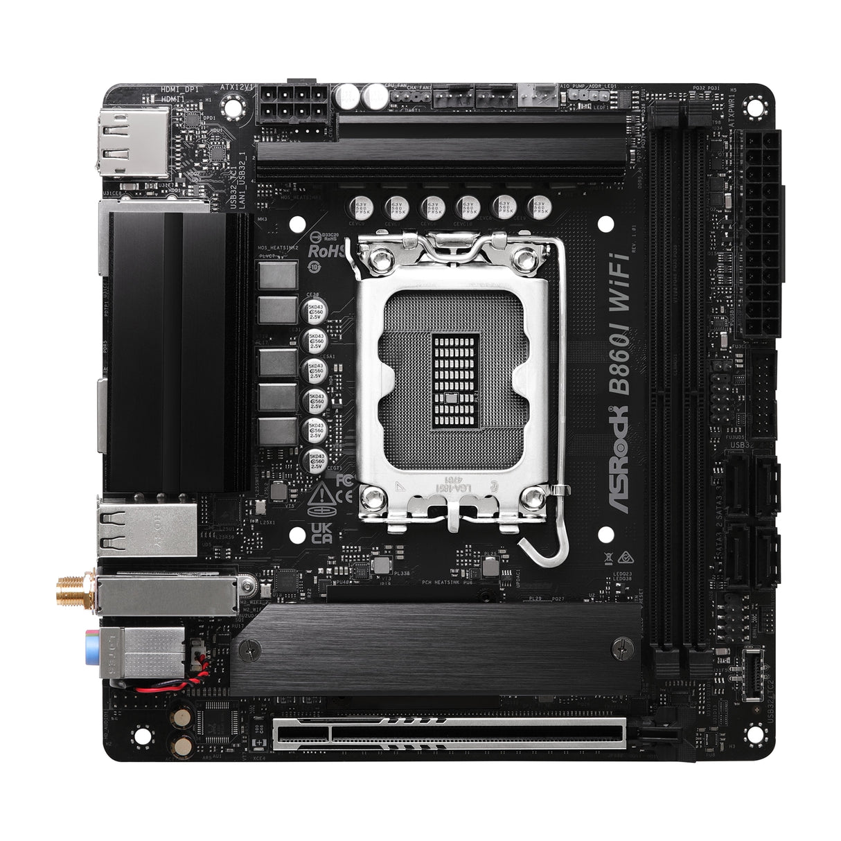 ASRock B860I WiFi Intel 1851 Socket Motherboard, Mini-ITX, 2x DDR5 Slots, 2x M.2 Socket, 2.5GbE + 1GbE LAN, Wi-Fi 6E, 1x DisplayPort / 1x HDMI Port