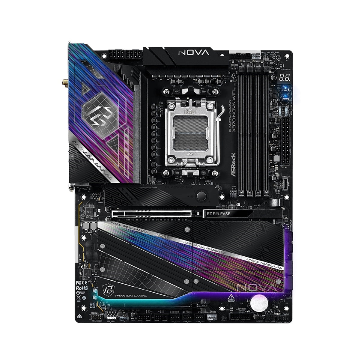 ASRock PHANTOM GAMING X870 Nova WiFi AMD Socket AM5 Motherboard, 4 x DDR5 Slots, 5x M.2 Socket, 5GbE LAN, Wi-Fi 7, 1x HDMI Port / 1x USB-C (USB4)