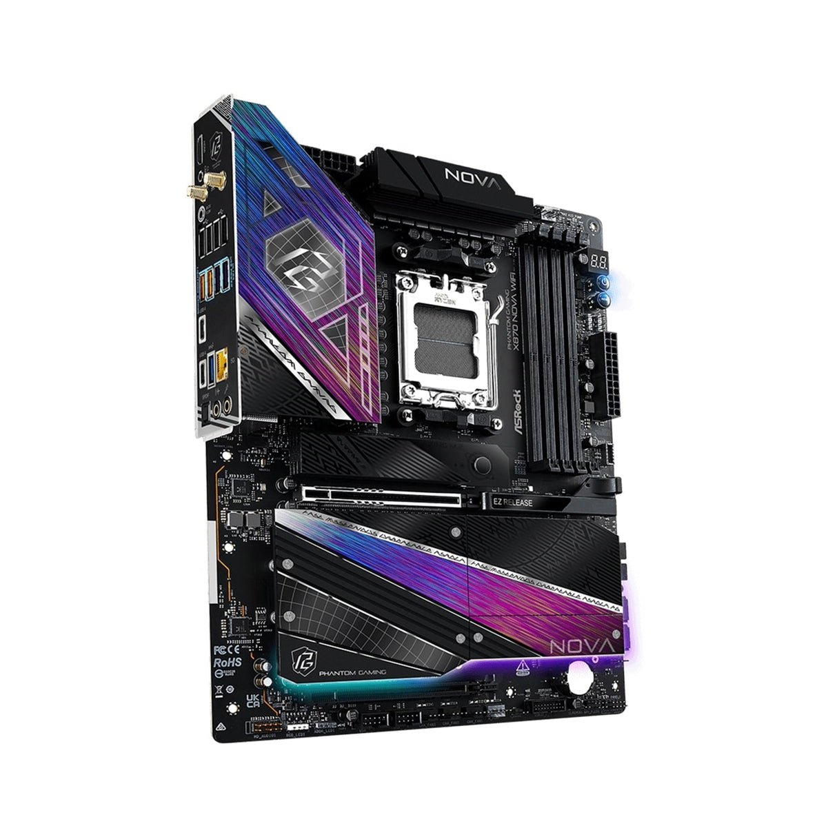 ASRock PHANTOM GAMING X870 Nova WiFi AMD Socket AM5 Motherboard, 4 x DDR5 Slots, 5x M.2 Socket, 5GbE LAN, Wi-Fi 7, 1x HDMI Port / 1x USB-C (USB4)