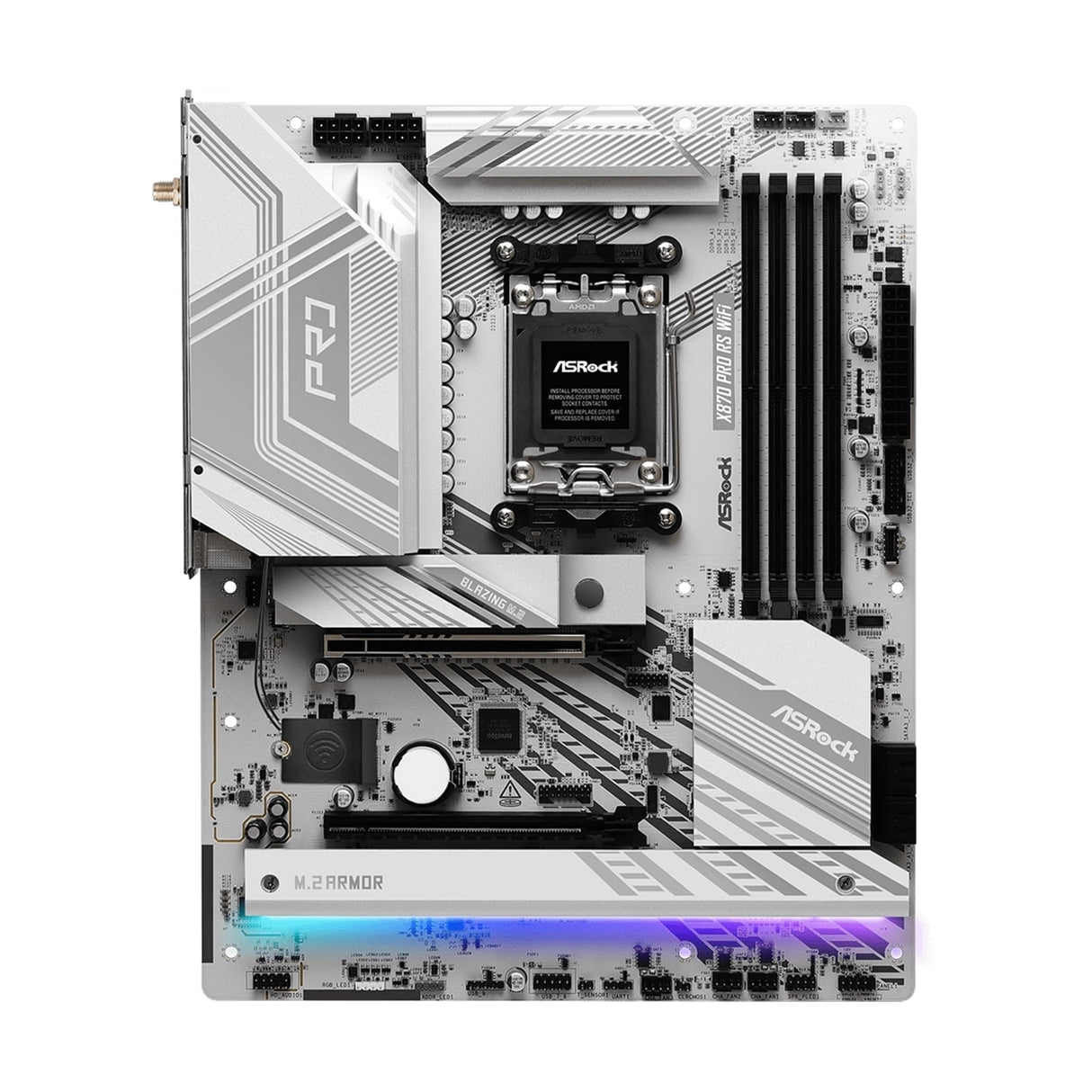 ASRock X870 PRO RS WIFI AMD AM5 Socket Motherboard, ATX, 4x DDR5 Slots, 3x M.2 Sockets, Fitted I/O Shield, 2.5GbE LAN, Wi-Fi 7, 1x HDMI Port / 2x USB-C (USB4)