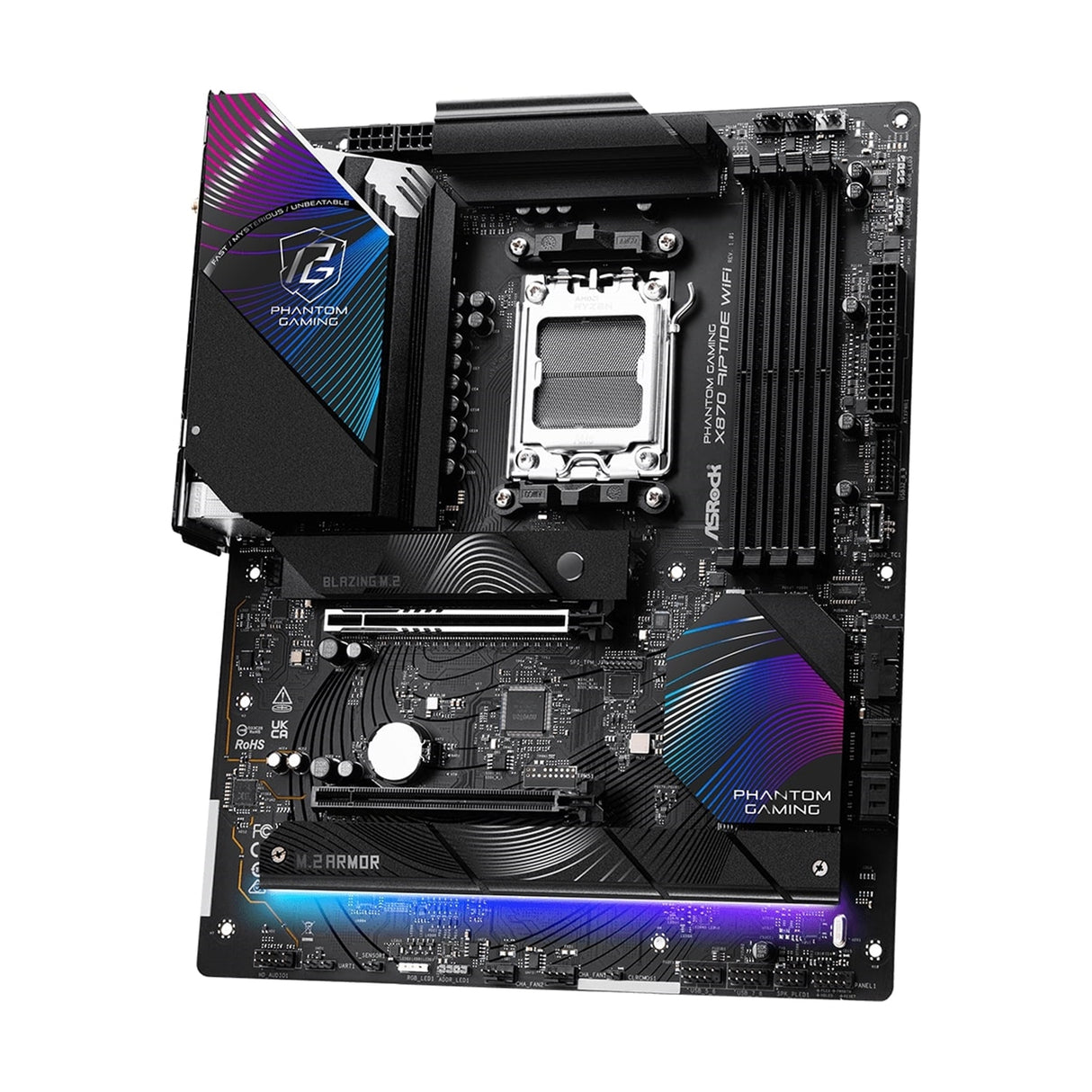 ASRock X870 RIPTIDE WIFI AMD AM5 Socket Motherboard, ATX, 4x DDR5 Slots, 3x M.2 Sockets, Fitted I/O Shield, 2.5GbE LAN, Wi-Fi 7, 1x HDMI Port / 2x USB-C (USB4)