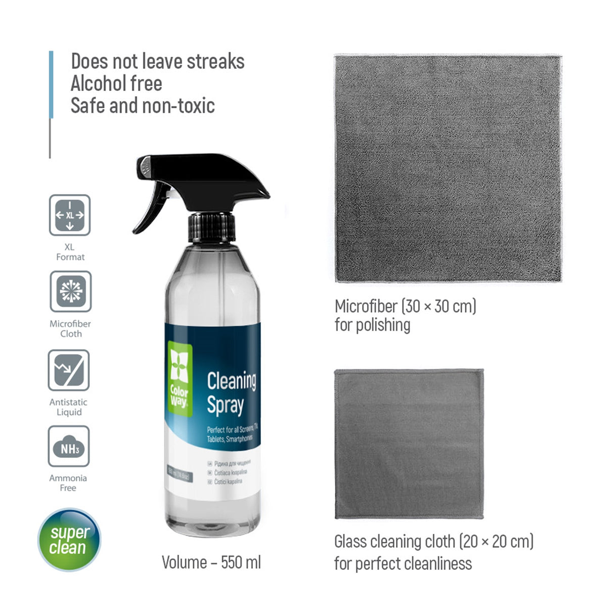 ColorWay Large Electronics Kit Includes 550ml Cleaning Liquid, 1 x Microfiber Cloth & 1 x Glass Cloth