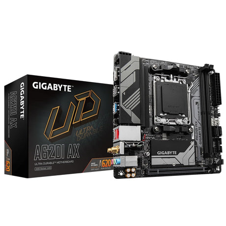 Gigabyte A620I AX (rev. 1.0) AMD AM5 Socket Motherboard, Mini-ITX, 2x DDR5 Slots, 1x M.2 Socket, 2.5GbE LAN, Wi-Fi 6E, 1 x DisplayPort / 1x HDMI Port