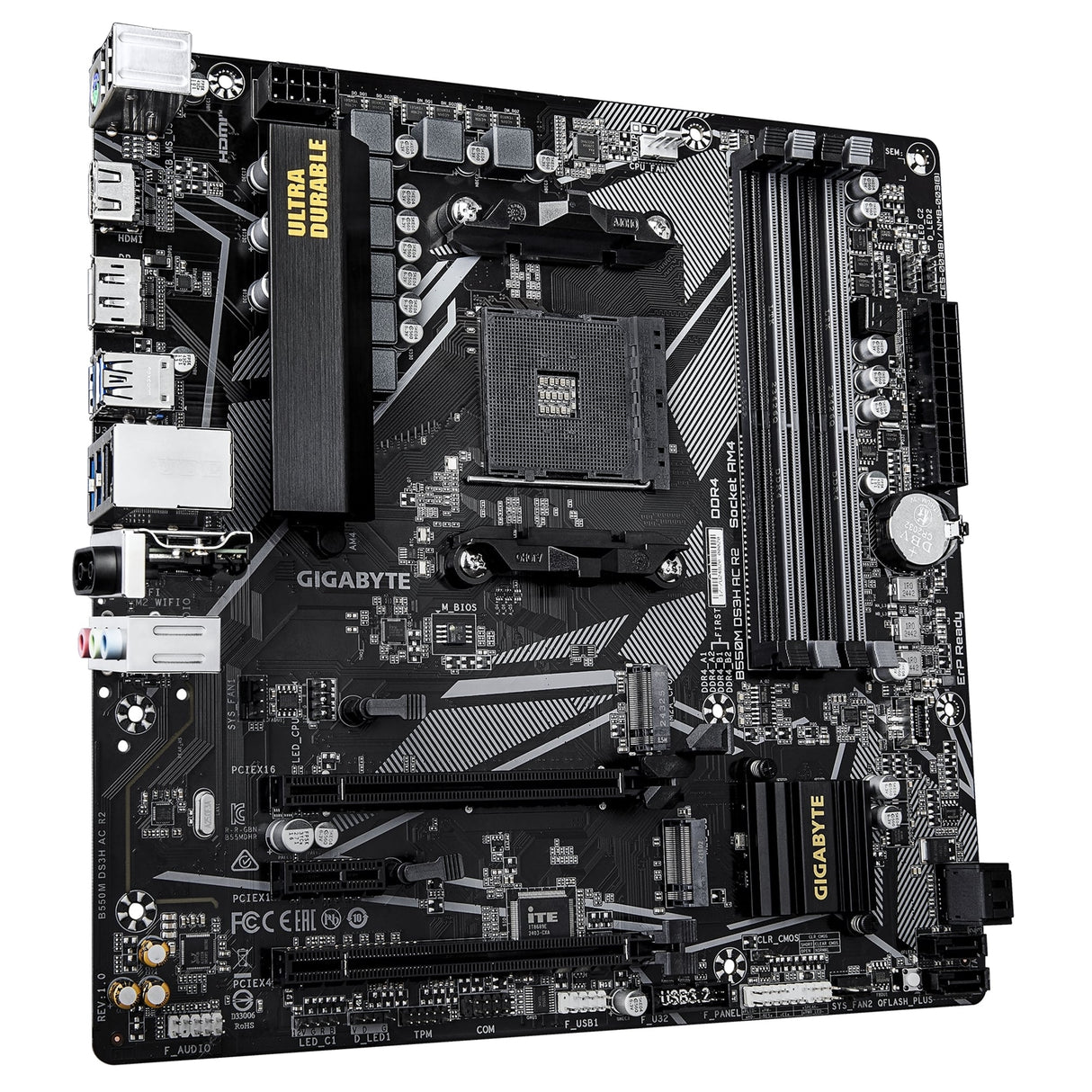 Gigabyte B550M DS3H AC R2 Ultra Durable AMD AM4 Socket Motherboard, Micro-ATX, 4x DDR4 Slots, 2x M.2 Socket, GbE LAN, Wi-Fi 5, 1x DisplayPort / 1x HDMI Port