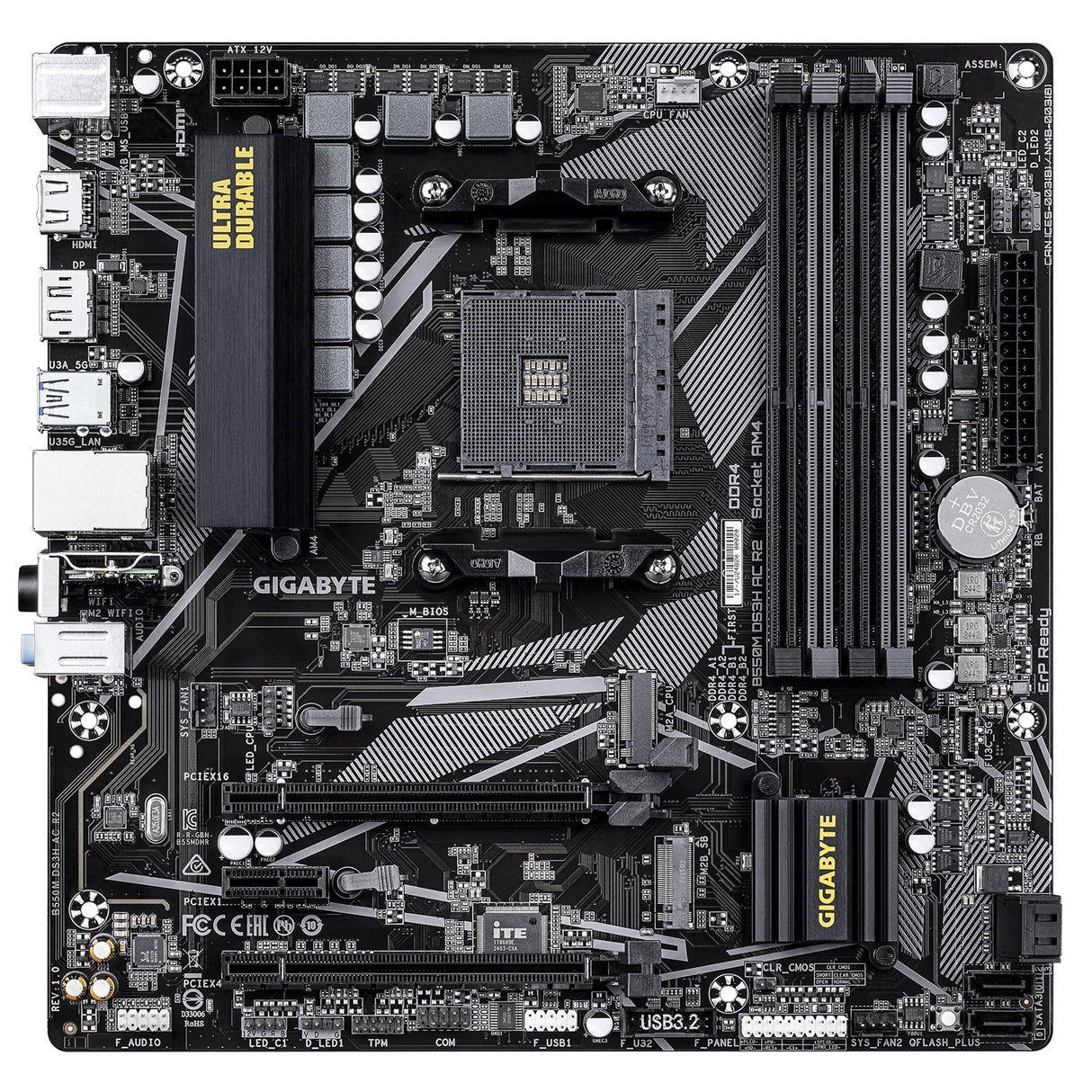 Gigabyte B550M DS3H AC R2 Ultra Durable AMD AM4 Socket Motherboard, Micro-ATX, 4x DDR4 Slots, 2x M.2 Socket, GbE LAN, Wi-Fi 5, 1x DisplayPort / 1x HDMI Port